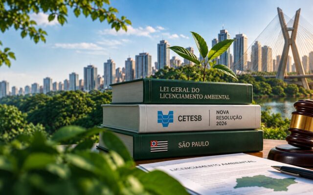 Livros da Lei Geral do Licenciamento Ambiental e da resolução da CETESB com a cidade de São Paulo ao fundo